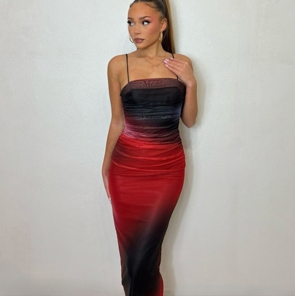 Micas Dresses & Skirts - Micas Women's Ombre Ruched Mesh Maxi Dress, Black/Red, L